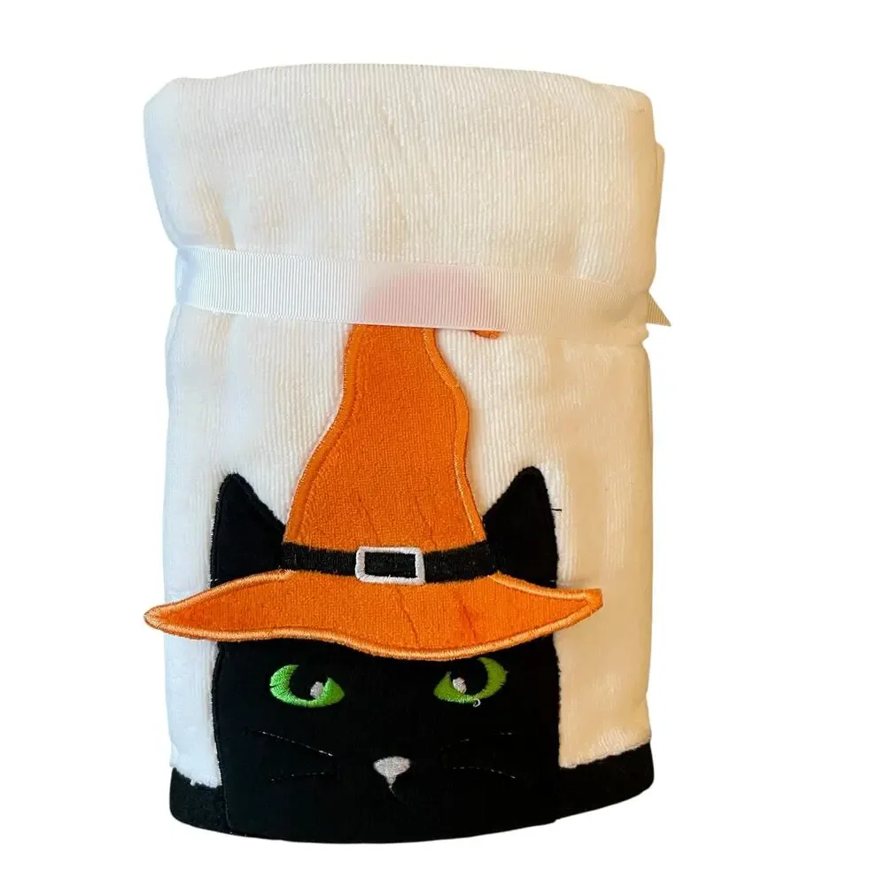 Kassadecor Halloween Witch Cat Hand Towels 18x28 Plush Black & White Set of 2
